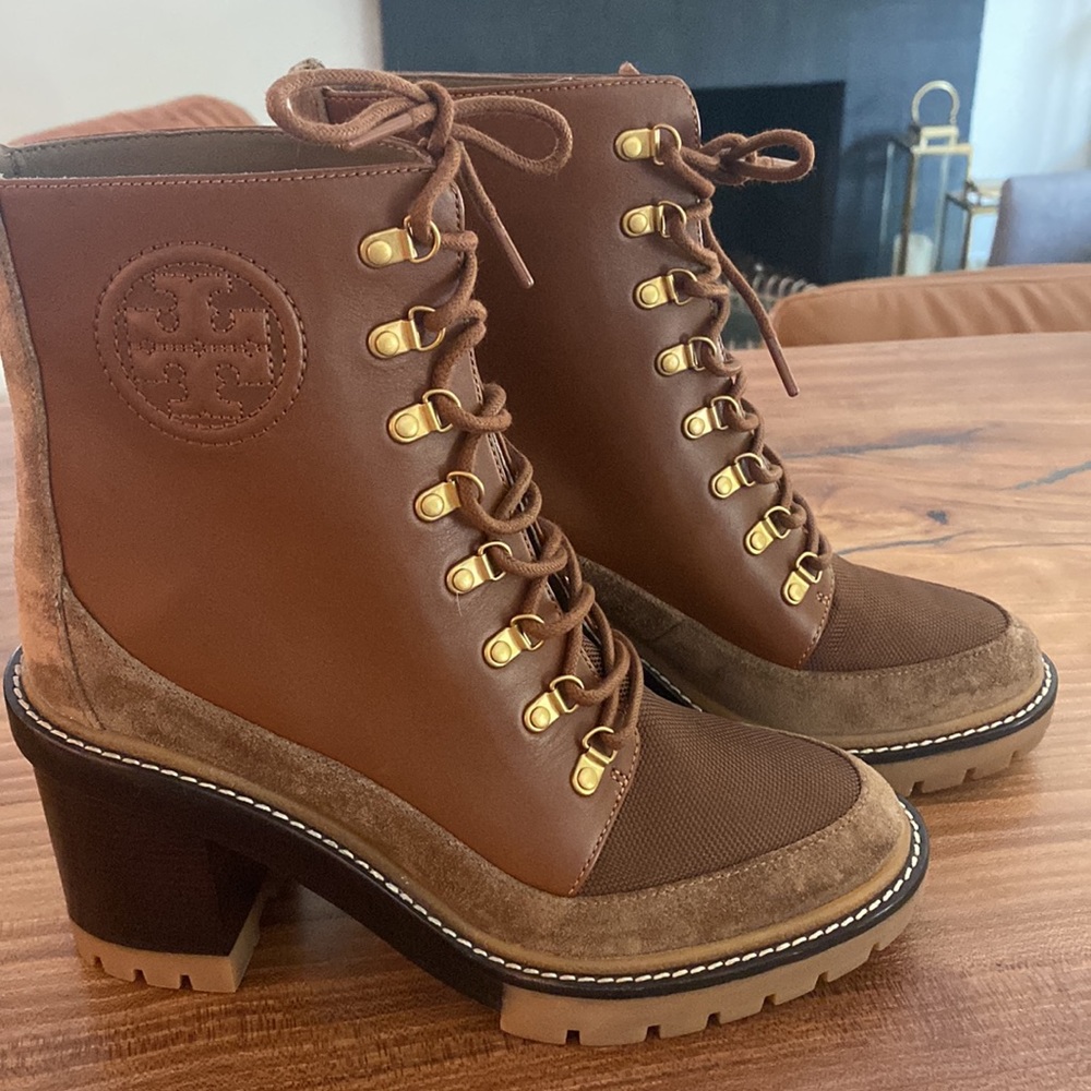Tory Burch Brown Leather & Suede Lace-Up Ankle Boots
